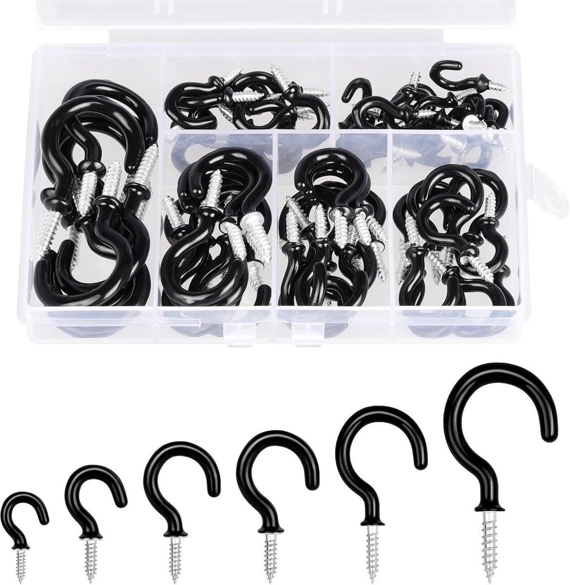 SnelShoppen - 38 Stuks 1.85 Inch Zwarte Plastic Schroefhaken, Multifunctionele Haak voor Planten, Borden, Keukengerei, Onder Kasten, Keuken en Tuin