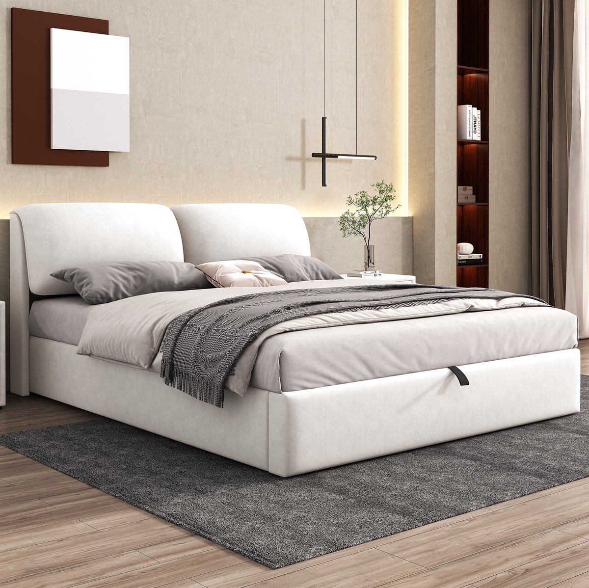 REDOM- Gestoffeerd bed met opbergruimte - 3 laden - hydraulisch - lattenbodem en hoofdbord - Stof - Beige - 180 x 200 cm