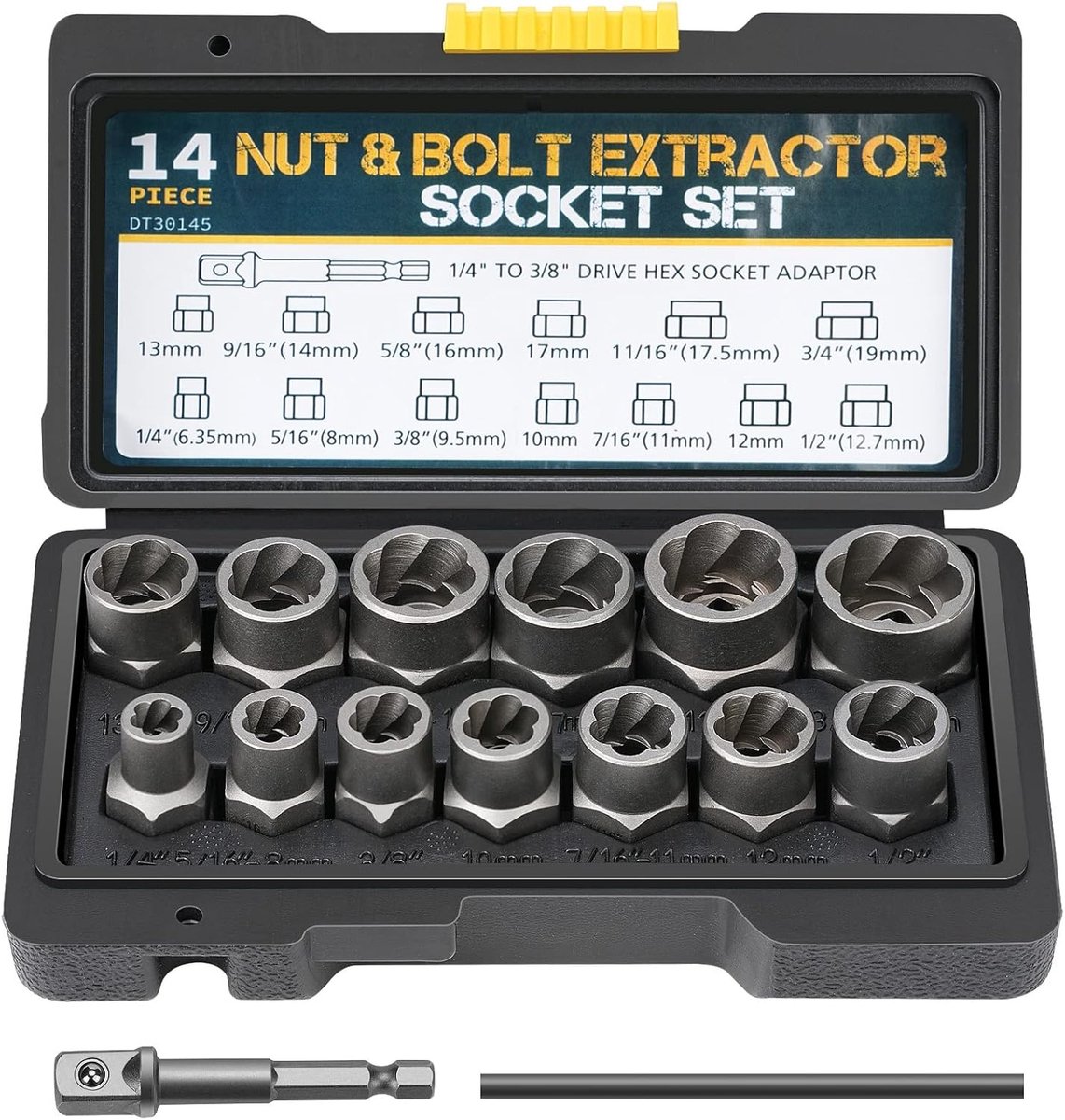 SnelShoppen - 14-Delige Moer Verwijder Set met Hex Adapter, Schroef- & Bout Extractor Set, Hoogwaardige Chromoly Staal, Voor Beschadigde en Vastgeroes