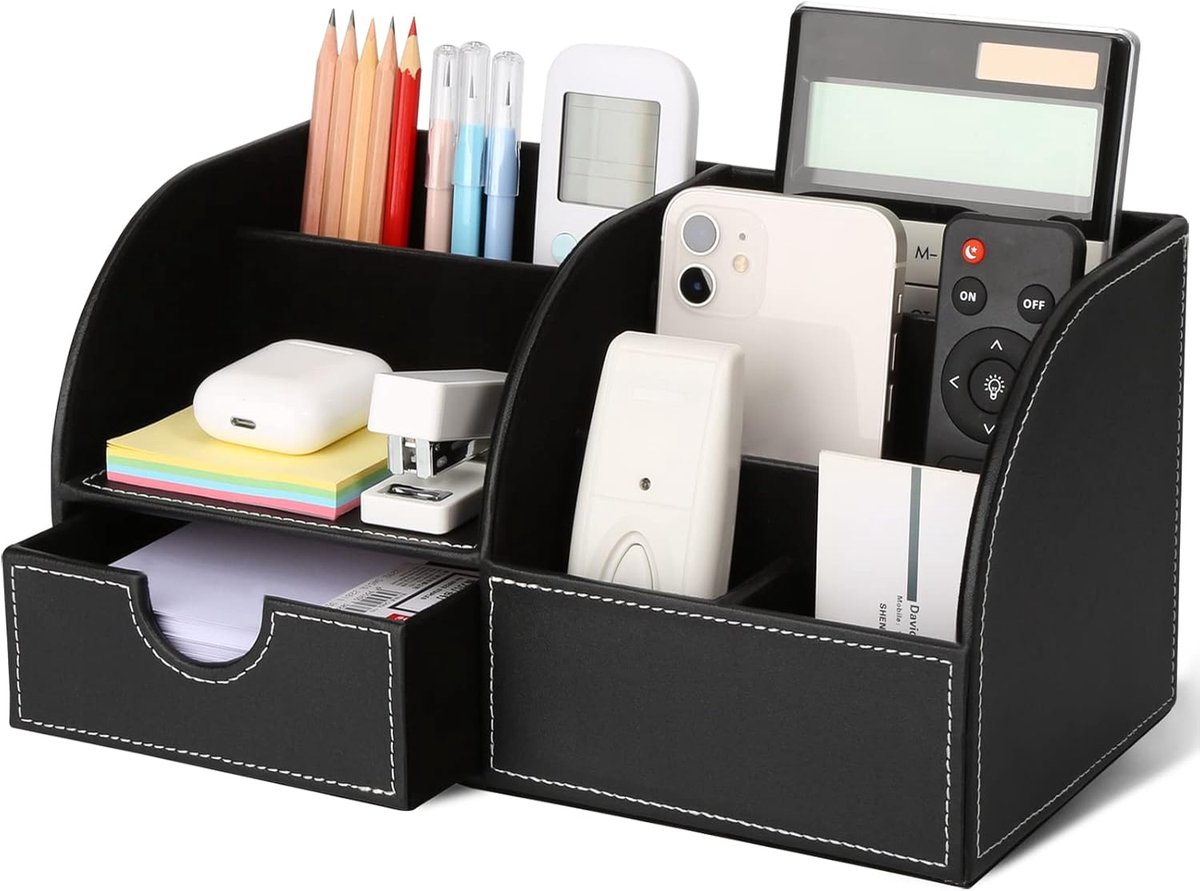 SnelShoppen - PU Leren Bureau Organizer Zwart - Professionele Bureau Organizer met 6 Compartimenten - Stijlvol en Stevig Bureau Accessoire - Ideaal vo