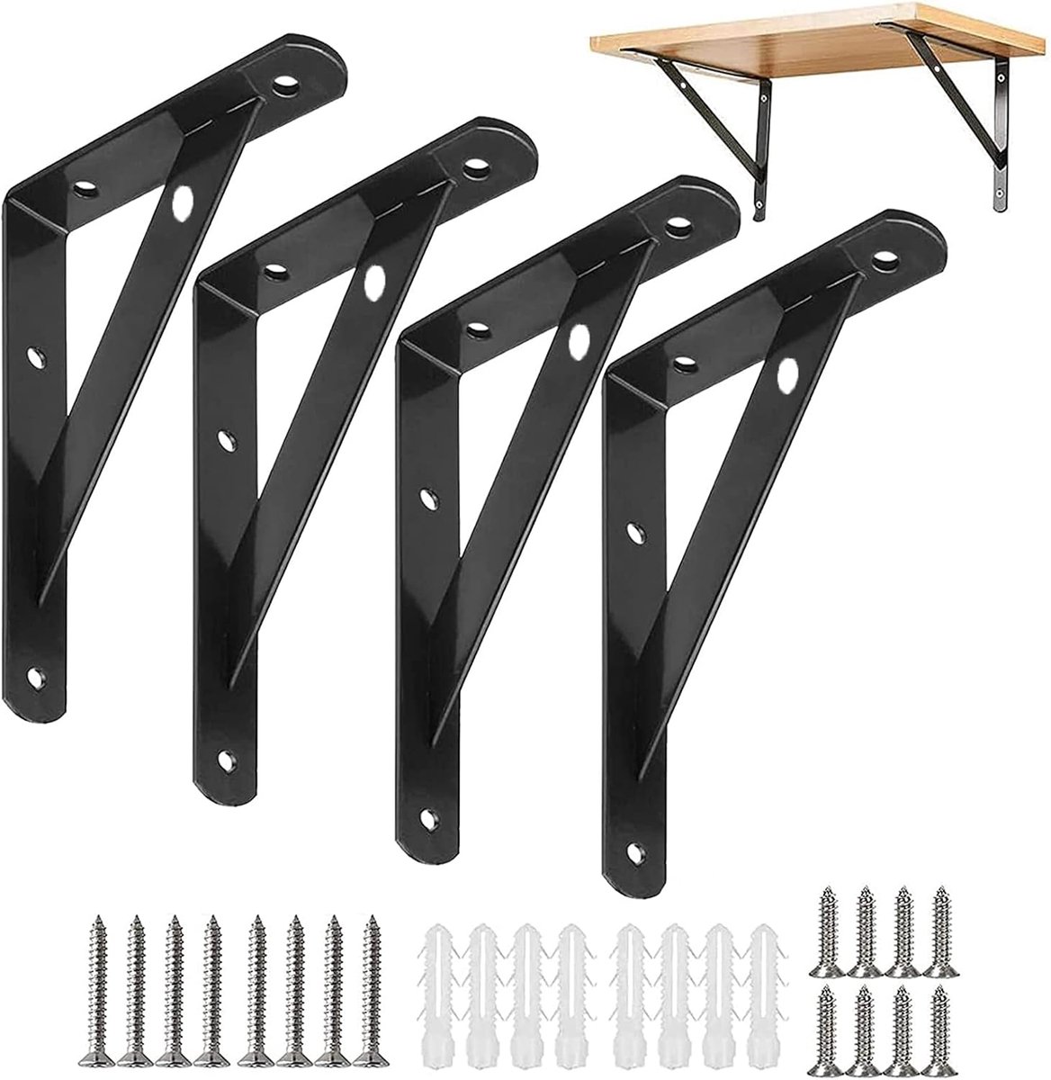 SnelShoppen - Pack van 4 Stevige Hoekplankdragers met Schroeven en Pennen, 150mm, Draagvermogen 30kg, Wandmontage Plankdrager voor Boekenplanken, Tuin