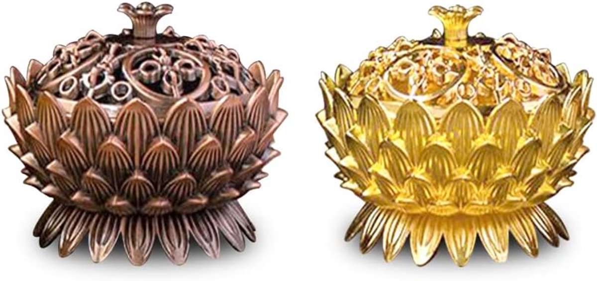 SnelShoppen - Incense Burner Set van 2, Lotus Incense Holder, Mini Metalen Wierookbrander, 5 cm Hoog, 7 cm Diameter, Goud en Rood Brons, Perfect voor