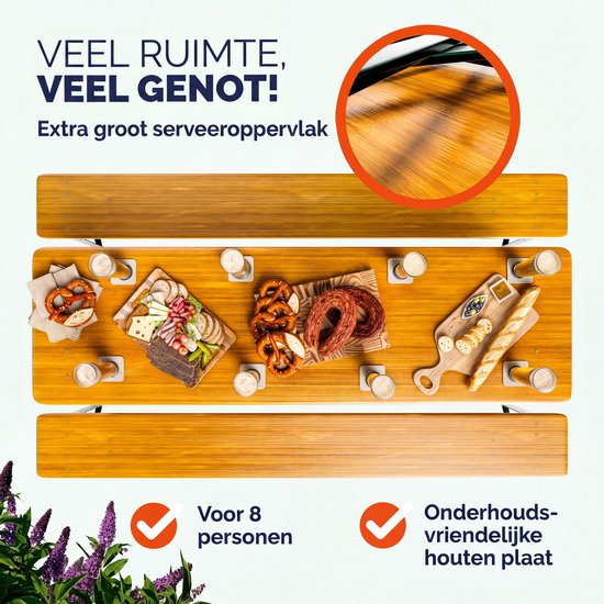 Biertafel met diverse hapjes en drankjes, ideaal voor 8 personen. Houten blad.
