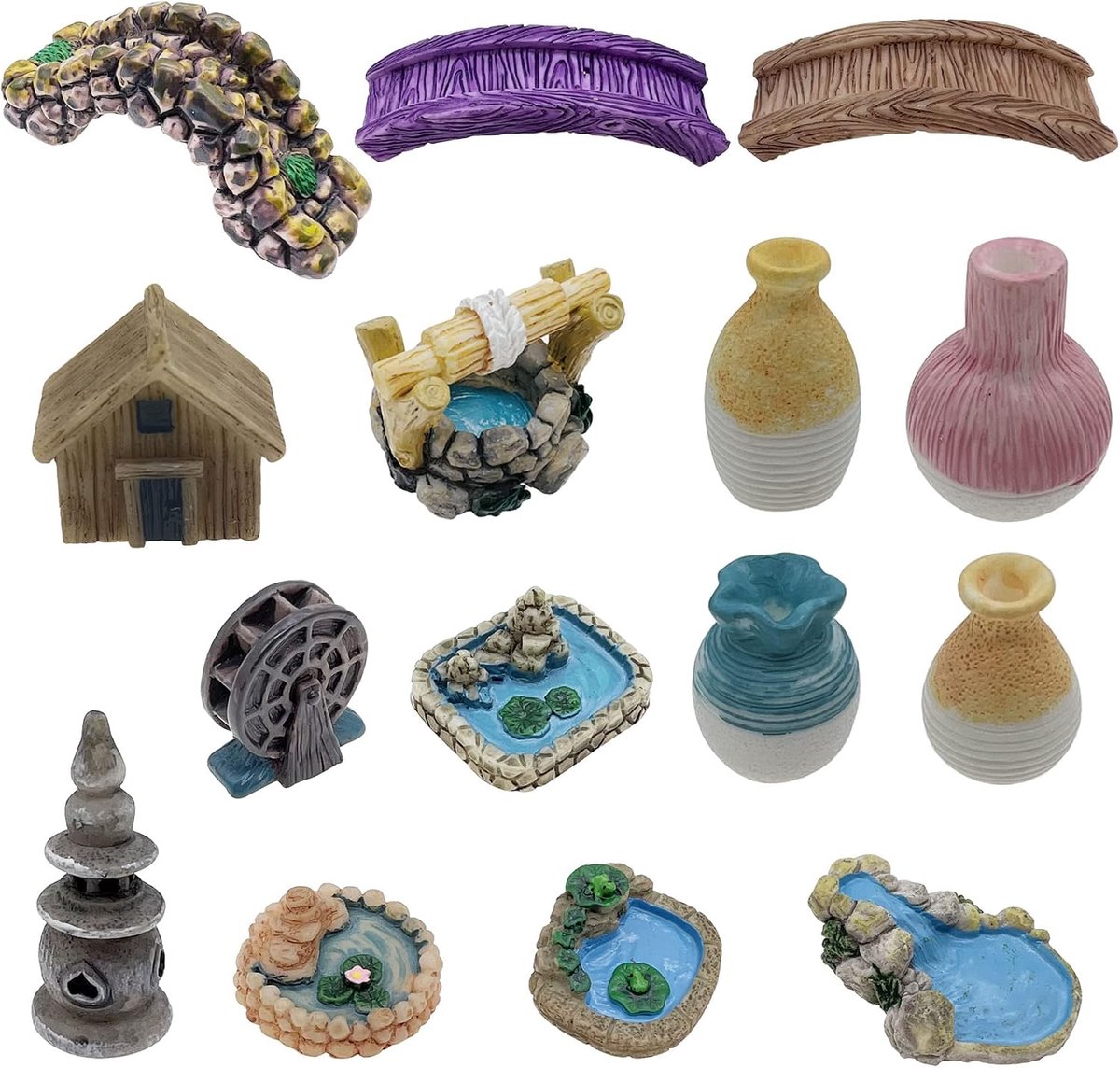 SnelShoppen - 16 Stuks Miniatuur Tuinaccessoires voor Sprookjestuin, Inclusief Tuinbrug, Beeldjes, Mini Vaas, Waterput en Mini Vijver, Hoogwaardige Ha