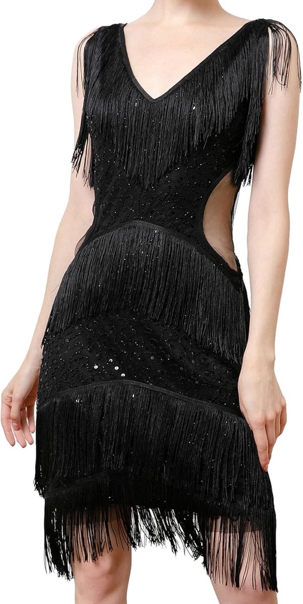 1920s Kostuum Jurk voor Vrouwen met Franje en Pailletten - Glitter Jurk voor Gatsby Charleston Feestjes en Vintage Thema Evenementen