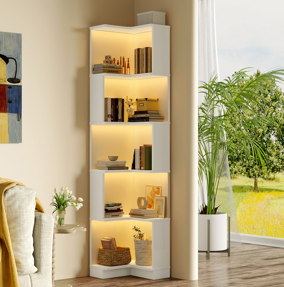 COVREO Boekenkast 63,5x45x175 cm wit, MDF met LED-verlichting en 5 niveaus
