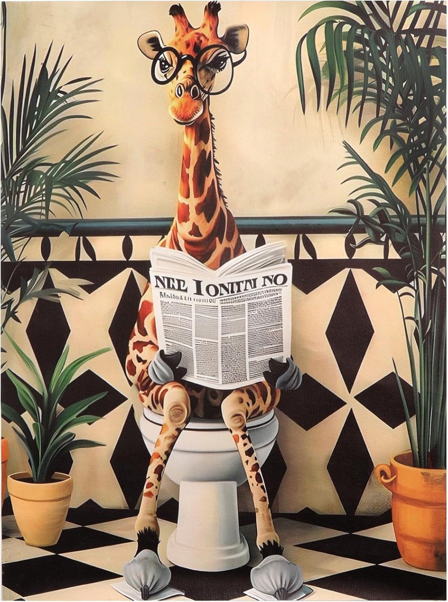 SnelShoppen - 2 Stuks Grappige Badkamer Posters Giraffe op Toilet met Krant | Wanddecoratie Badkamer | Waterdicht Hoogrendement Print 30x40cm | Origin