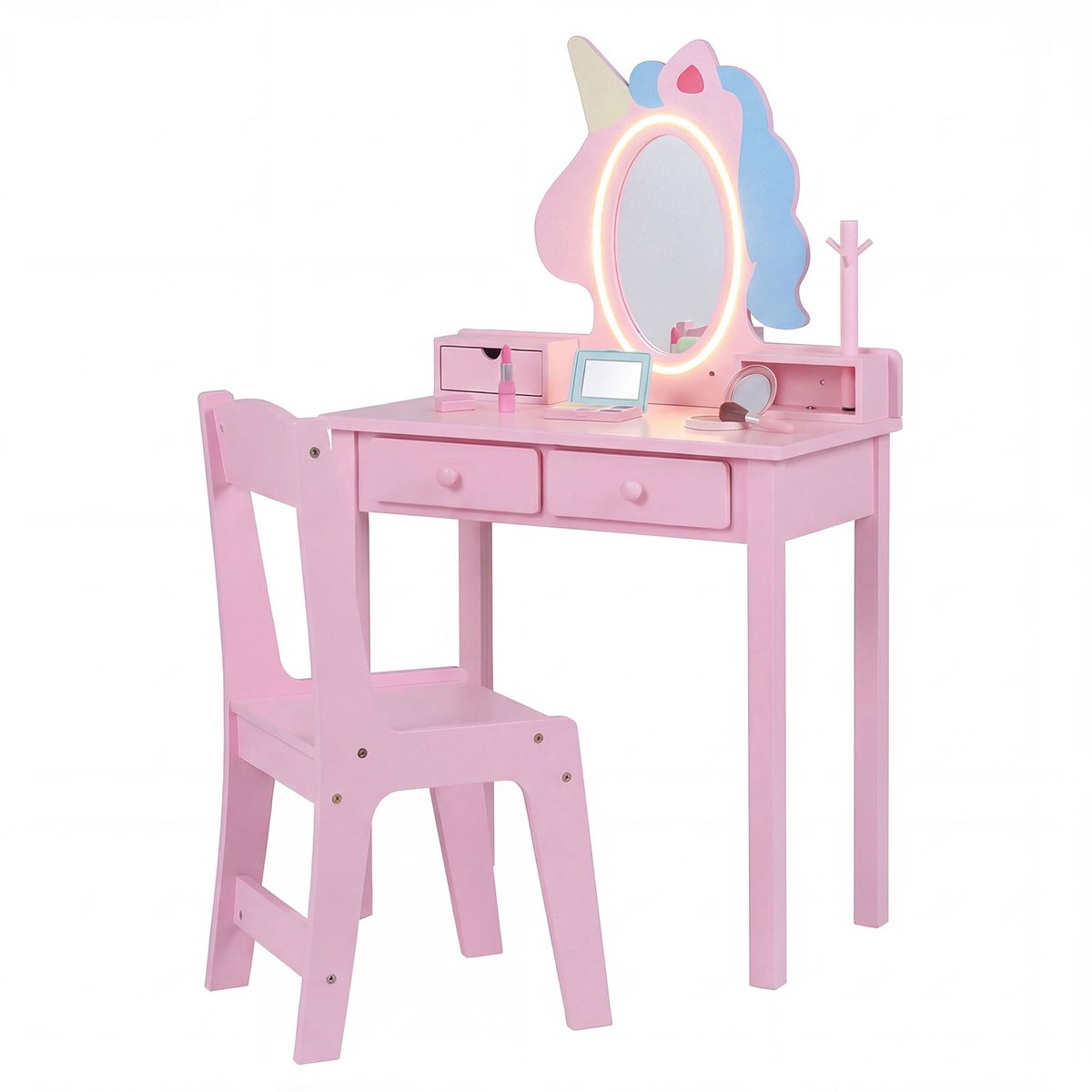 COSTWAY Kinderschminktafel Eenhoorn, 2-in-1 Kaptafel met Verlichting & 2 Lichtkleuren, Kinderschminktafel met Afneembare Spiegel, Sieradenhouder & Laden, Make-uptafel voor Meisjes (Roze)