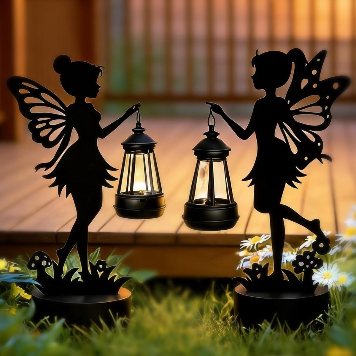 SnelShoppen - 2pcs Solar Fairy Lights Tuin Decoratie - Grote IJzeren Standbeeld 30cm met Waterdichte Solar Lampen - Unieke Buitenverlichting voor Tuin