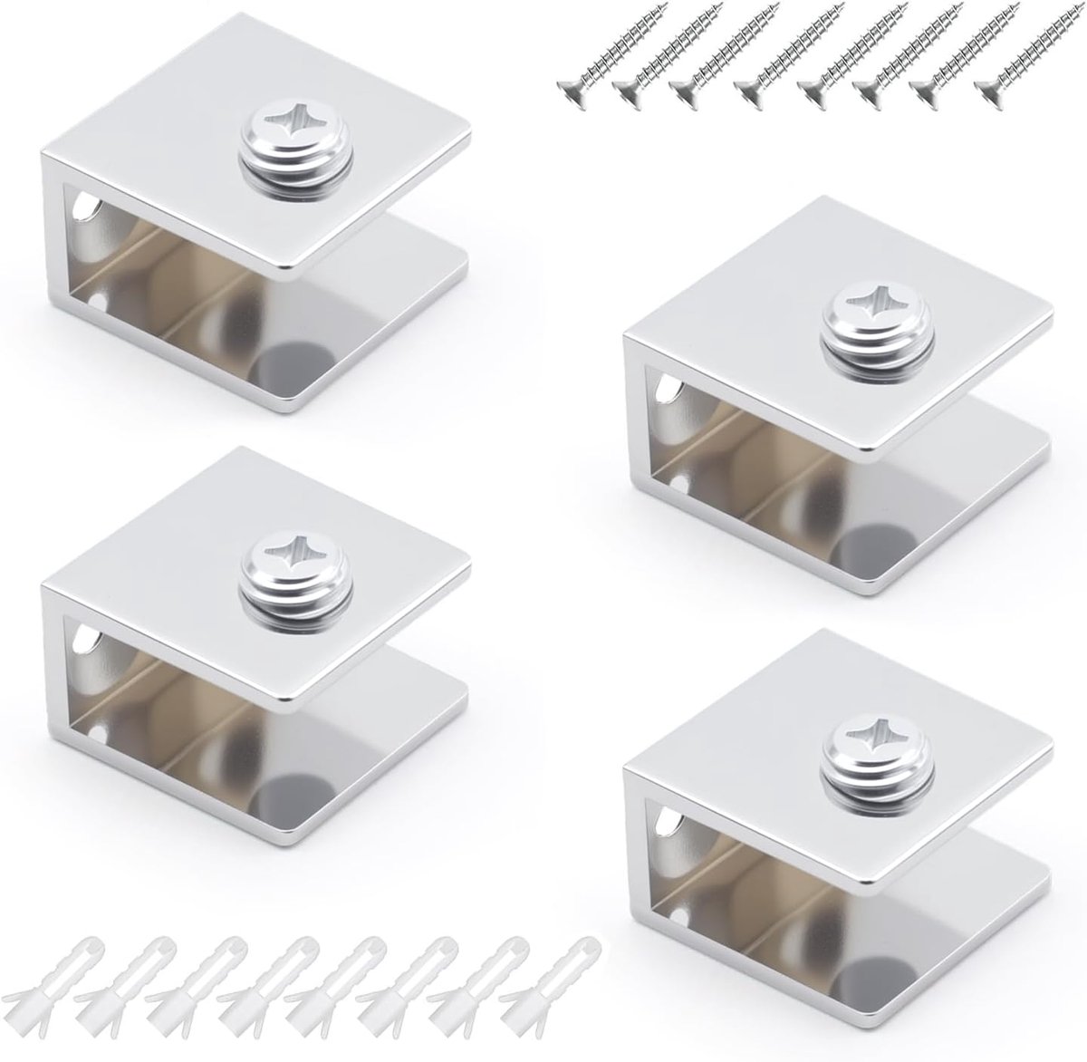 4 stuks glashouders, vierkant, zinklegering, glazen plankdragers, verstelbare glazen plankhouder, wandmontage - ShopVlot