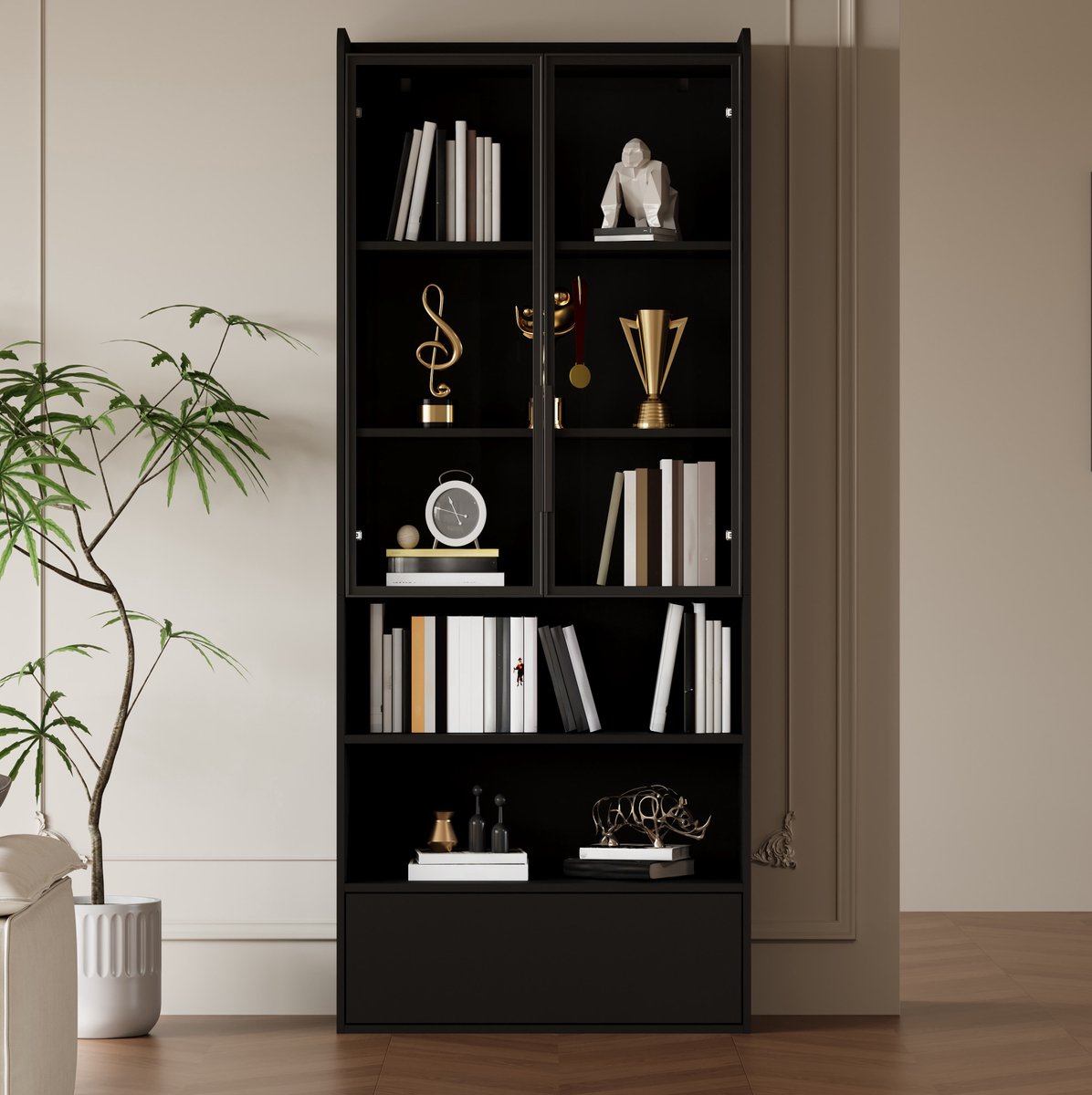 REDOM - Vitrinekast - Met 1 lade en glazen deuren - Met LED-verlichting - Moderne stijl - Woonkamer - MDF en glas - Zwart - 80 x 34 x 180 cm