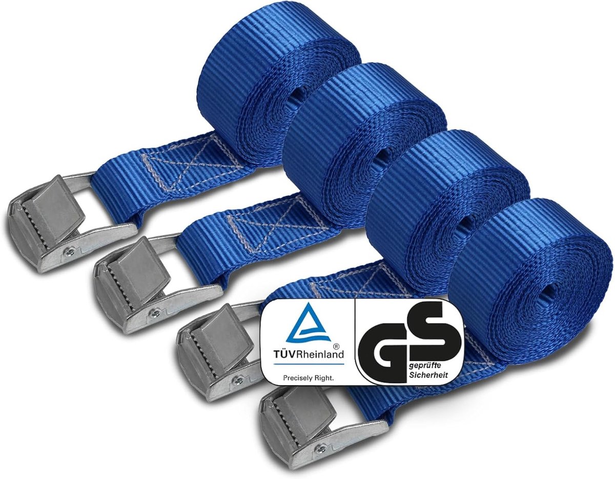 Spanbanden 4 Stuks – 2,5 meter, 25 mm, Metalen Klemgesp, Belastbaar tot 250 kg, TÜV Gecertificeerd, Blauw