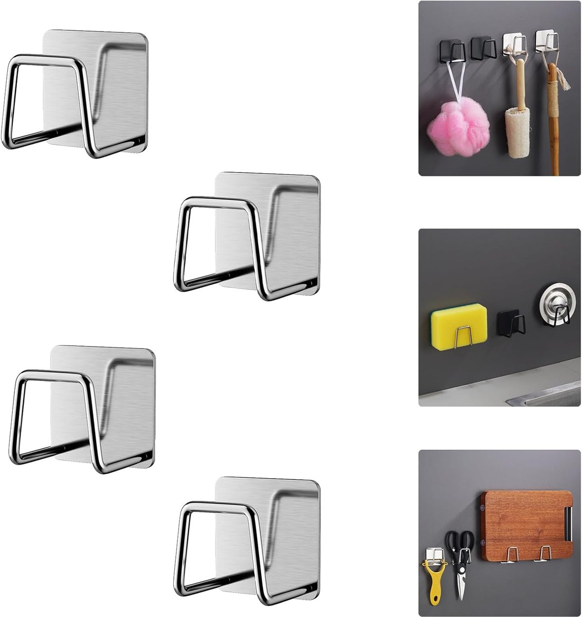 SnelShoppen - 4 Stuks Spons Houder Keuken Zonder Boren, Keuken Organizer Voor De Afwas, RVS Spons Houder Voor Keuken En Badkamer, Ruimtebesparend, Zil
