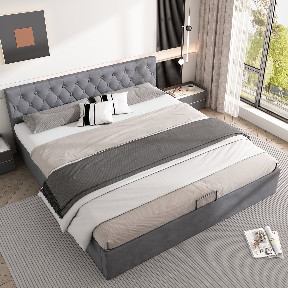 Tweepersoonsbed 180x200 cm - Velvet Bed Met Opbergruimte En Gecapitonneerd Hoofdbord