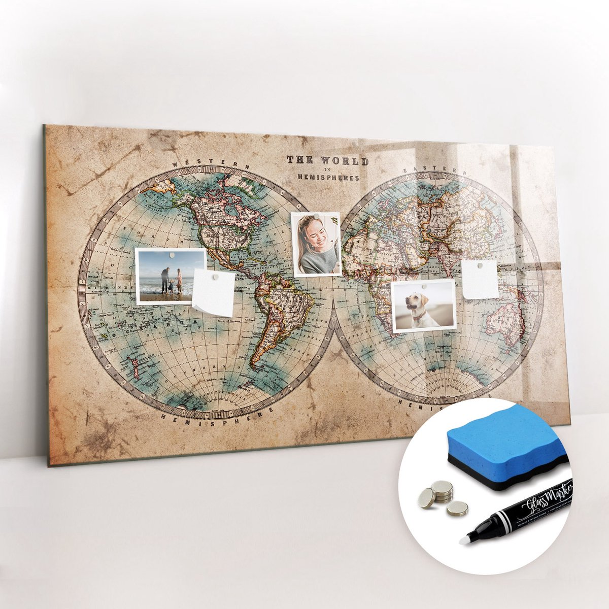 Tulup Whitebord - Wereldbolkaart - 120 x 60 cm - Bruin Magnetisch Bord - Gratis 5 Sterke Magneten + Whiteboard Marker & Wisser - Design Memobord - Magnetisch Memobord - Ideeënbord Thuiswerkplek