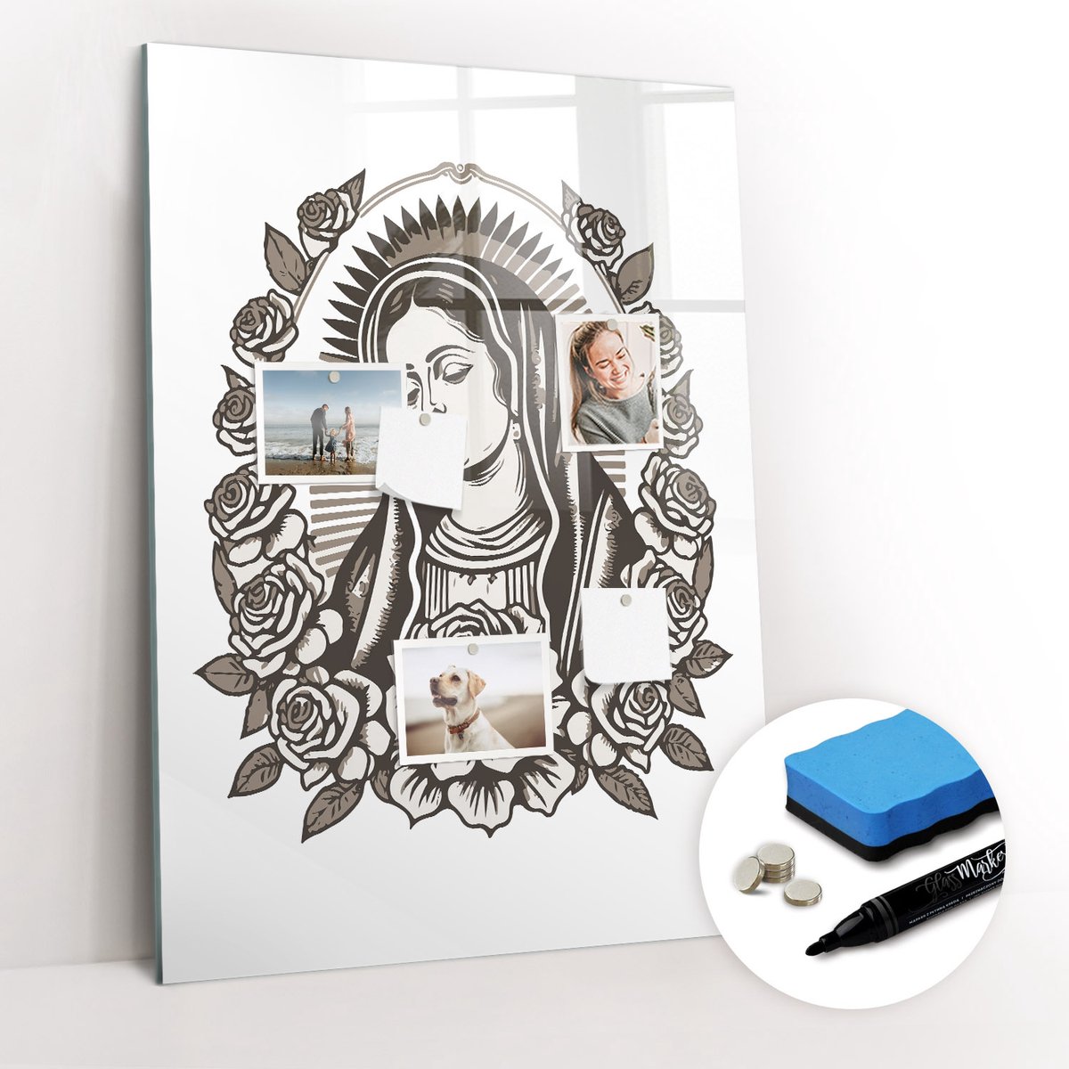 Tulup Whitebord - Maagd van Guadalupe - 70 x 100 cm - Wit Magneetbord Keuken - Gratis 5 Sterke Magneten + Whiteboard Marker & Wisser - Scandinavisch Design Bord - Magneetbord Muur - Planning Muur