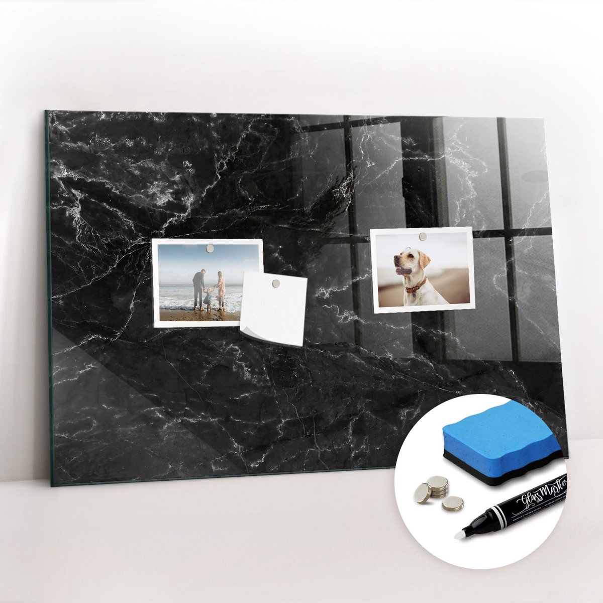 Tulup Whitebord - Zwart marmer - 60 x 40 cm - Zwart Magnetisch Memobord - Gratis 5 Sterke Magneten + Whiteboard Marker & Wisser - Wanddecoratie Kantoor - Memobord Magnetisch - Inspiratiebord Kantoor