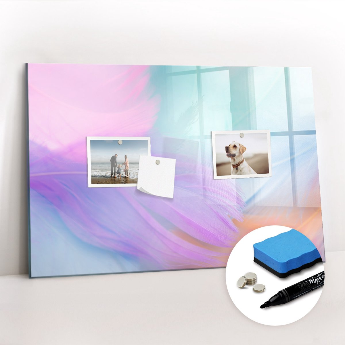 Tulup Whitebord - Kleurrijke veren - 60 x 40 cm - Veelkleurig Magneetbord Design - Gratis 5 Sterke Magneten + Whiteboard Marker & Wisser - Moderne Wanddecoratie - Magnetic Board - Organiseer Je Bureau
