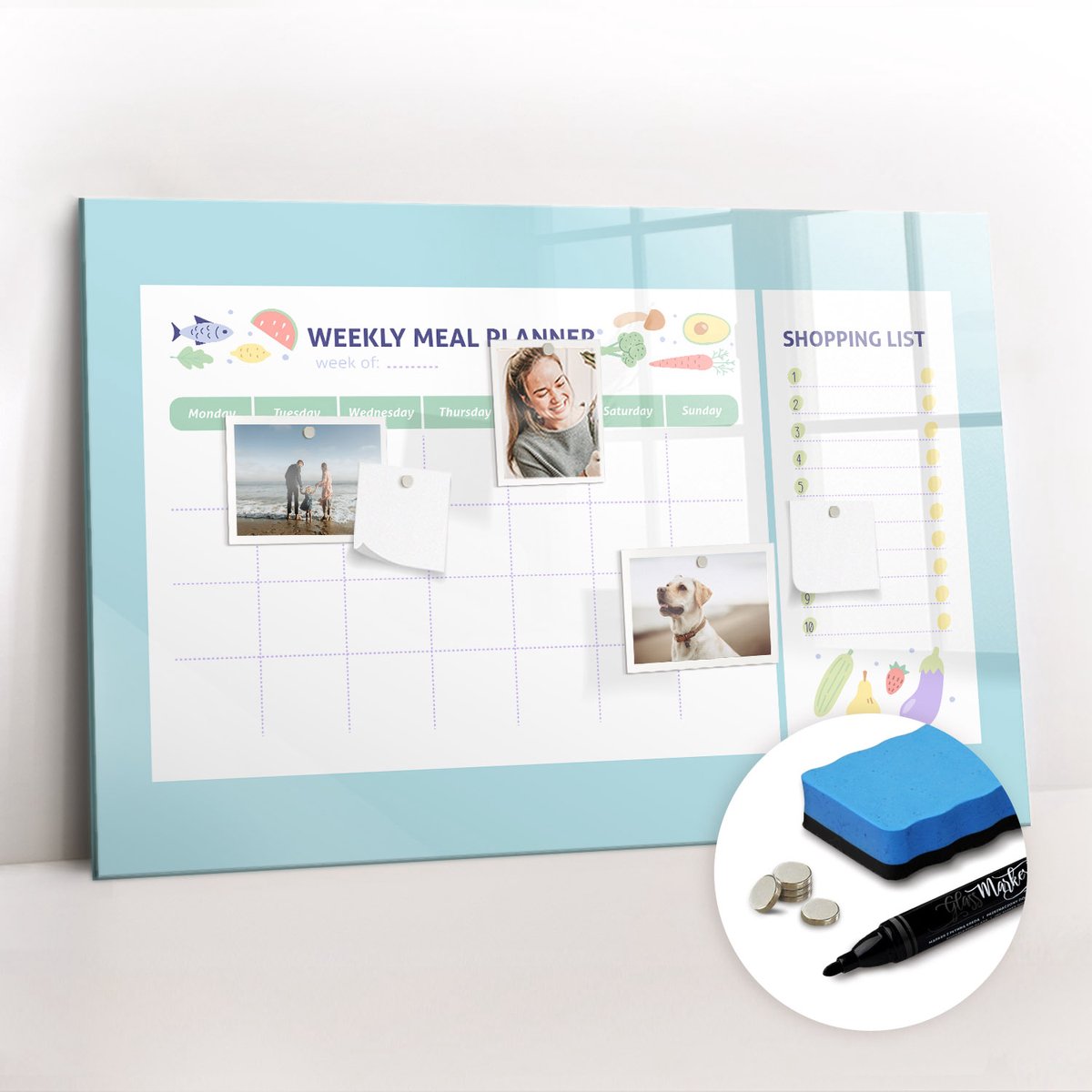 Tulup Whitebord - Gezonde maaltijdplanner - 90 x 60 cm - Blauw Memobord Magnetisch - Gratis 5 Sterke Magneten + Whiteboard Marker & Wisser - Minimalistisch Prikbord - Magnetisch Bord Kind - Planning Muur