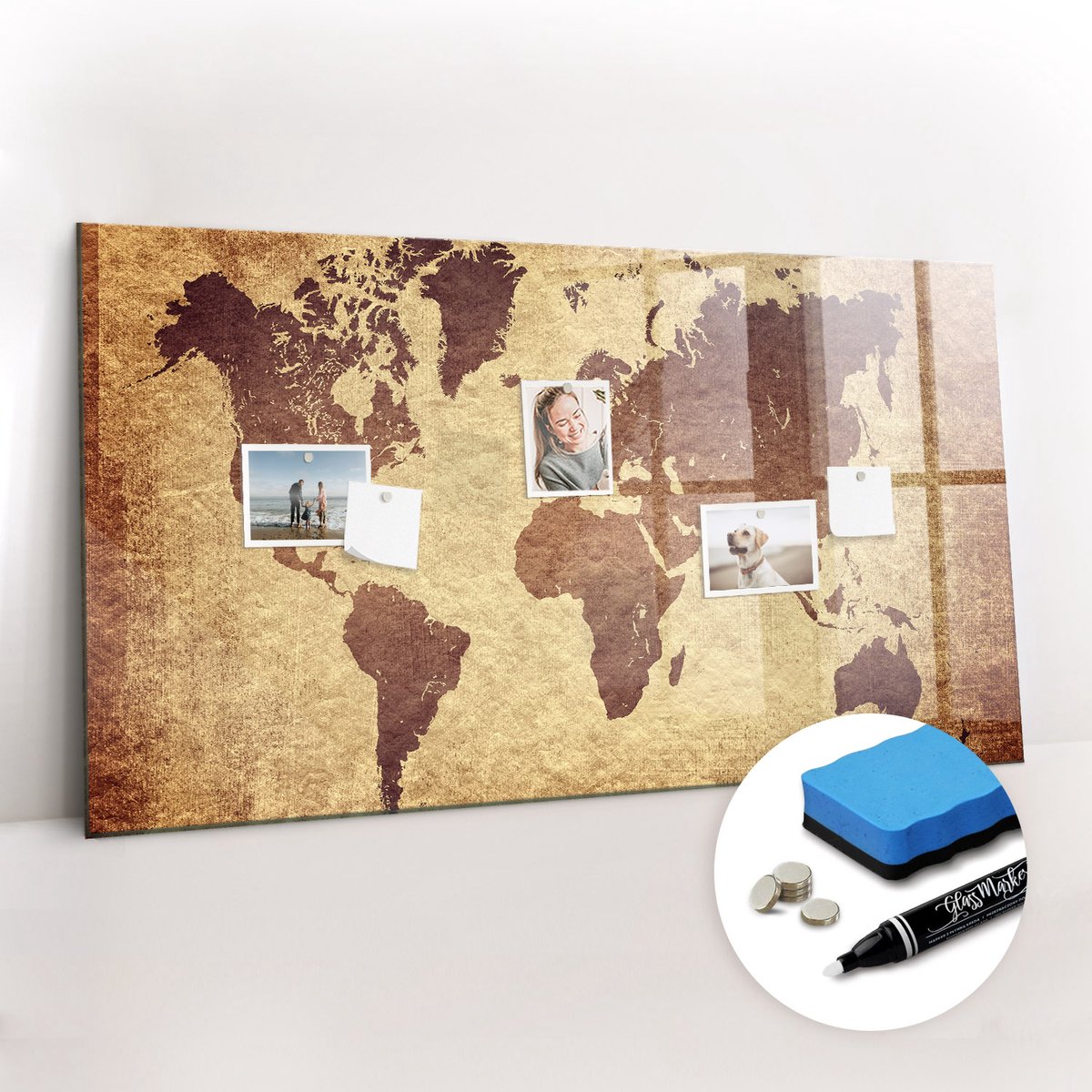 Tulup Whitebord - Oude wereldkaart - 120 x 60 cm - Bruin Magnetisch Wandbord - Gratis 5 Sterke Magneten + Whiteboard Marker & Wisser - Interieur Accessoires Kantoor - Magneetbord Design - Planning Muur