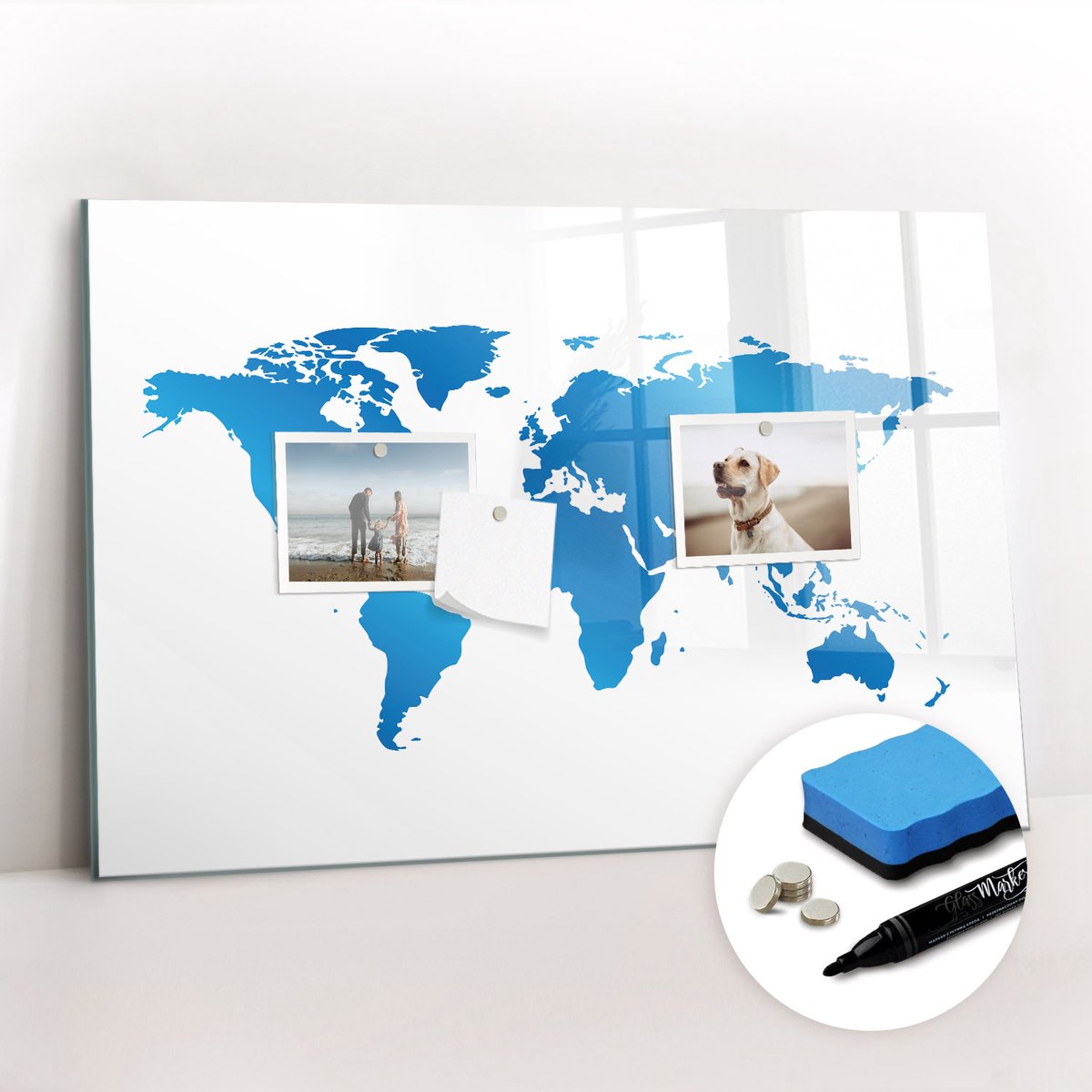 Tulup Whitebord - Contouren van de landmassa's van de wereld - 60 x 40 cm - Blauw Memo Magneetbord - Gratis 5 Sterke Magneten + Whiteboard Marker & Wisser - Design Memobord - Memo Bord - Ideeënbord Thuiswerkplek