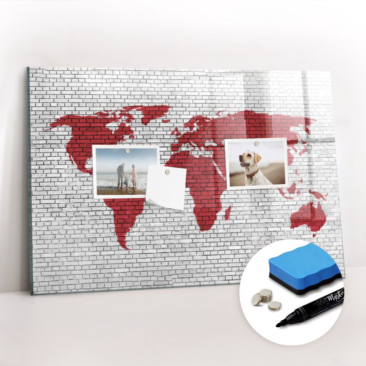 Tulup Whitebord - Loft bakstenen muur wereldkaart - 60 x 40 cm - Rood Memobord Glas - Gratis 5 Sterke Magneten + Whiteboard Marker & Wisser - Stylish Memo Board - Memobord Glas - Planning Muur