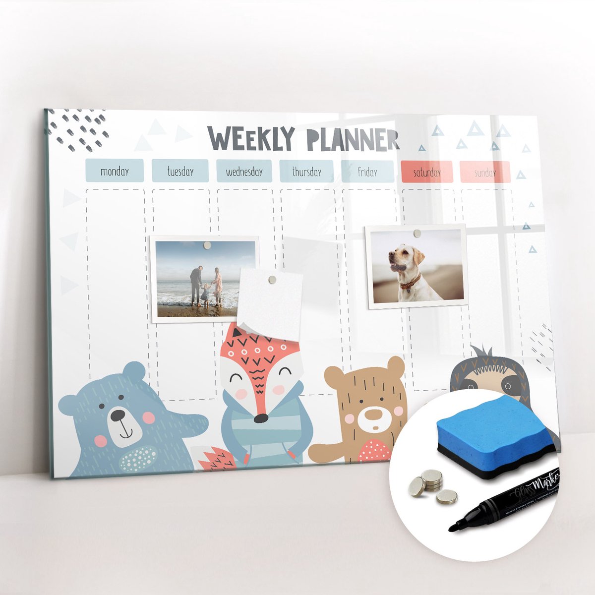 Tulup Whitebord - Weekschema - 60 x 40 cm - Wit Memobord Glas - Gratis 5 Sterke Magneten + Whiteboard Marker & Wisser - Scandinavisch Design Bord - Magneetbord Rechthoekig - Notitiebord Werkplek