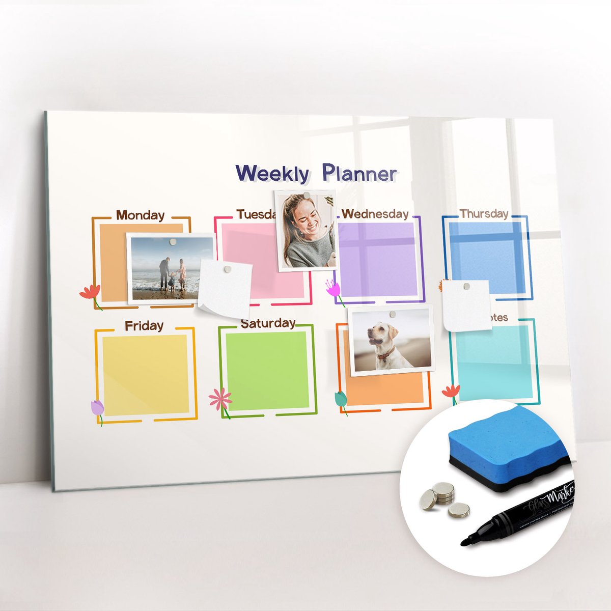 Tulup Whitebord - Weekplanner - 90 x 60 cm - Veelkleurig Magnetisch Memobord - Gratis 5 Sterke Magneten + Whiteboard Marker & Wisser - Stylish Memo Board - Memobord Keuken - Notitiebord Werkplek