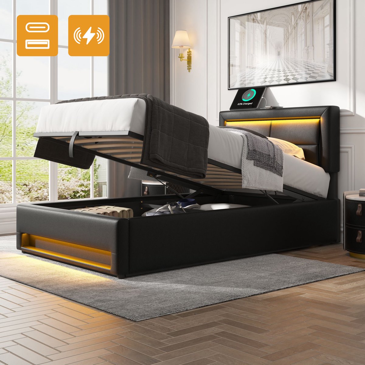 Gestoffeerd Bed 90x200 cm - PU Bed Met LED Verlichting USB Oplader En Opbergruimte Zwart