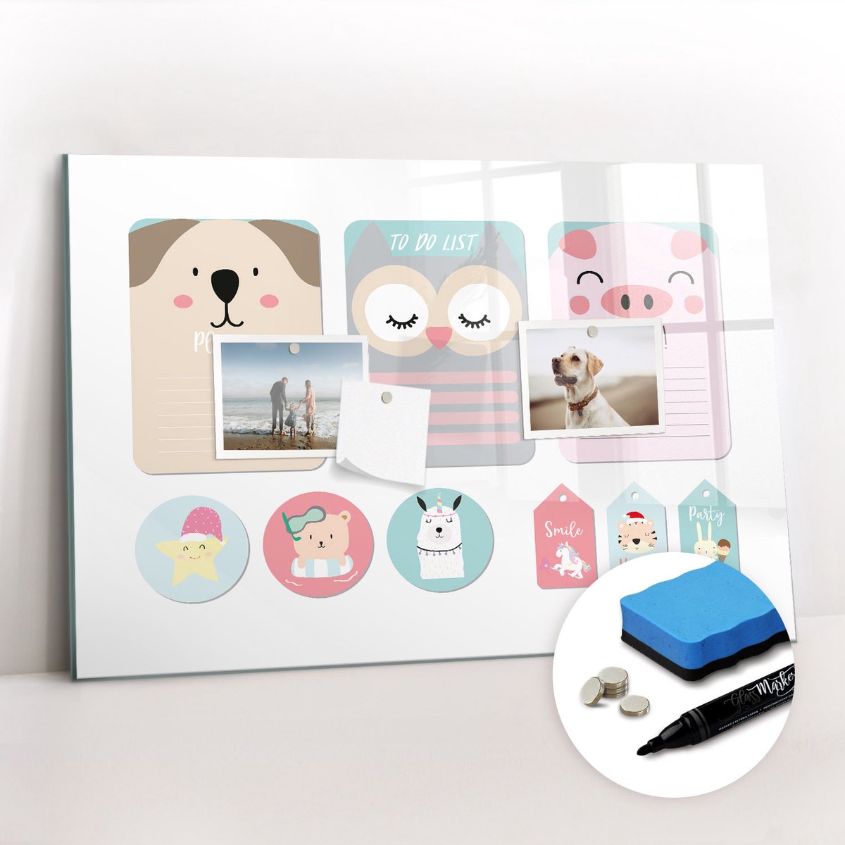 Tulup Whitebord - Blije dieren - 60 x 40 cm - Veelkleurig Magnetisch Memobord - Gratis 5 Sterke Magneten + Whiteboard Marker & Wisser - Scandinavisch Design Bord - Magneetbord Foto - Organiseer Je Bureau
