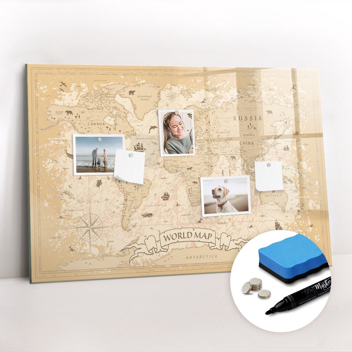 Tulup Whitebord - Archiefkaart van de wereld uit een vintage periode - 90 x 60 cm - Bruin Memo Magneetbord - Gratis 5 Sterke Magneten + Whiteboard Marker & Wisser - Wanddecoratie Kantoor - Memo Bord - Productiviteit Tools
