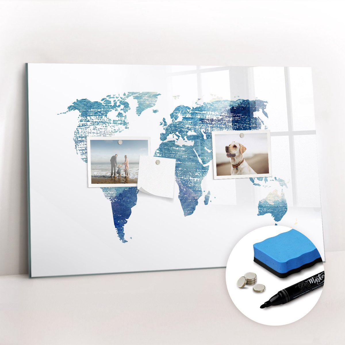 Tulup Whitebord - Moderne wereldkaart - 60 x 40 cm - Blauw Magneetbord Design - Gratis 5 Sterke Magneten + Whiteboard Marker & Wisser - Interieur Accessoires Kantoor - Magnetisch Bord - Ideeënbord Thuiswerkplek