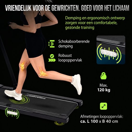 Vrouw op loopband, focus op schokabsorberende demping en robuust loopoppervlak. Max 120 kg belasting.