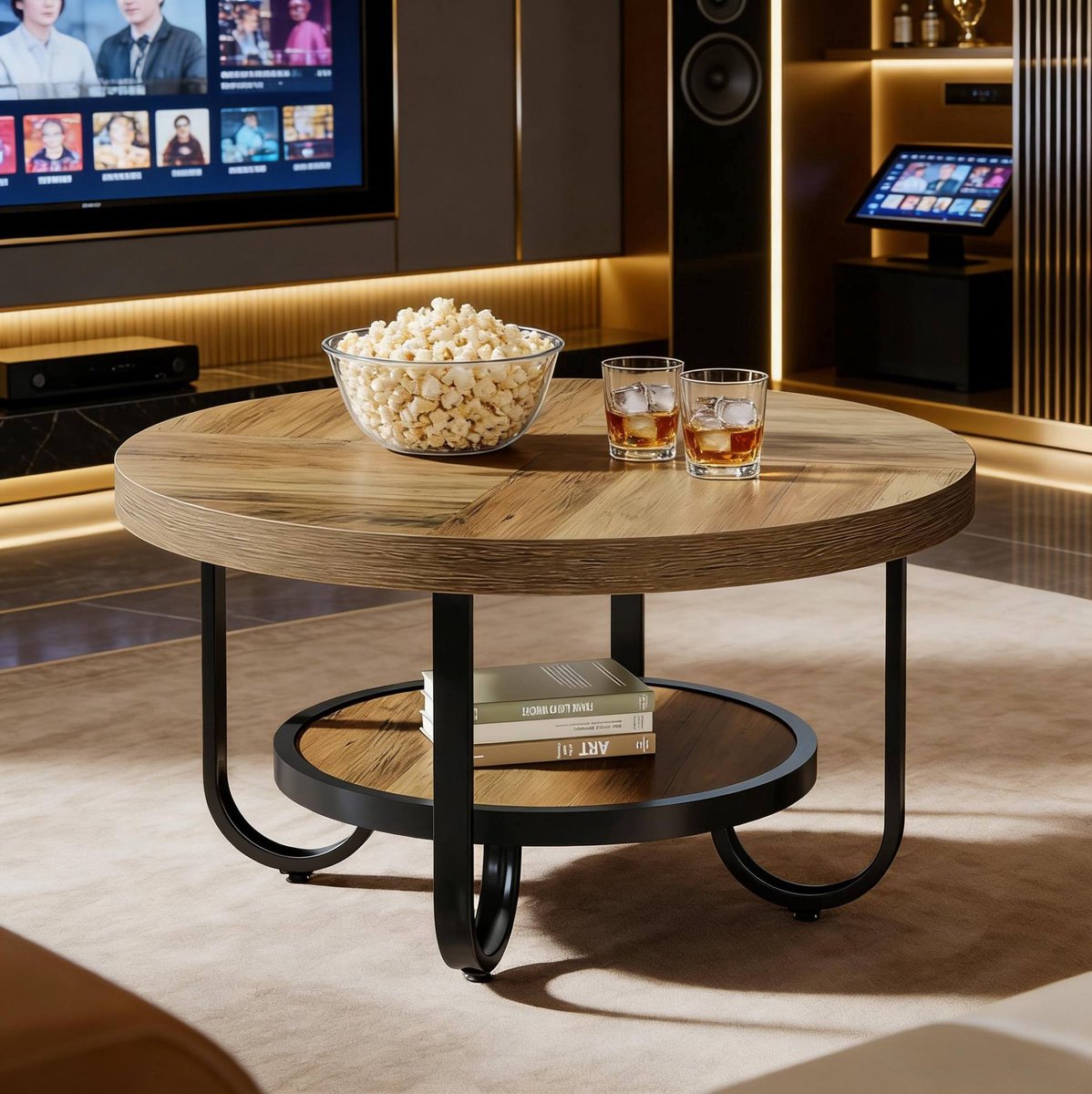 DESMIU Salontafel - Ronde 2-Laags Tafel Met Opbergplank - Industrieel Voor Woonkamer En Interieur - MDF En Metaal - Zwart Bruin - 79x79x45 Cm