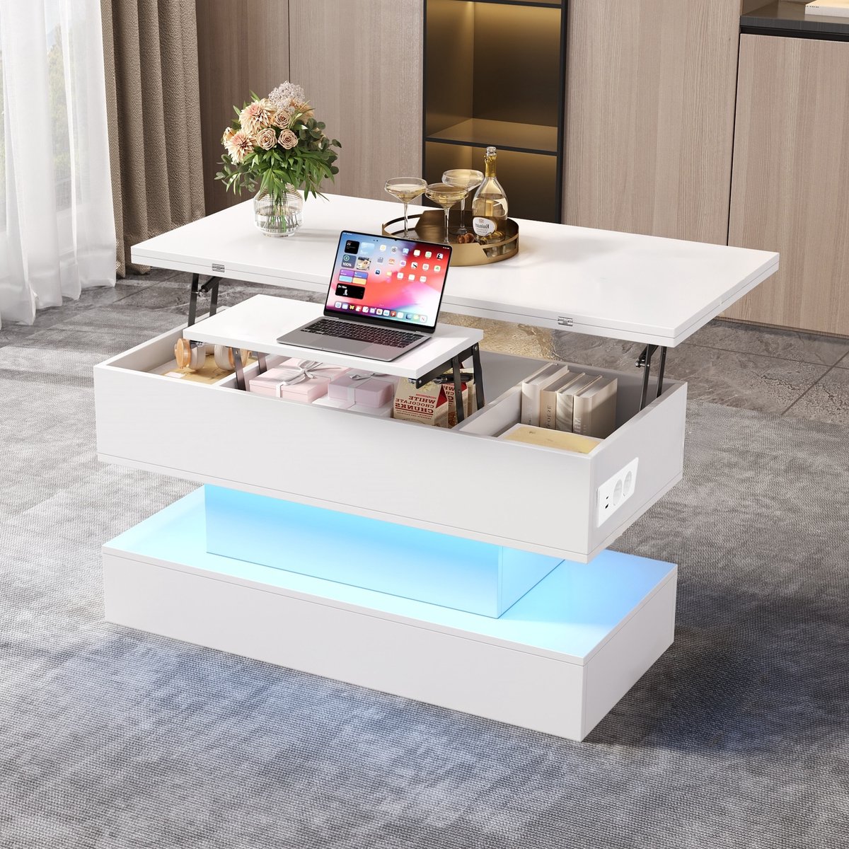 PHOEBE CAT Salontafel - In hoogte verstelbaar tafelblad - Met stopcontact - LED-verlichting - Wit