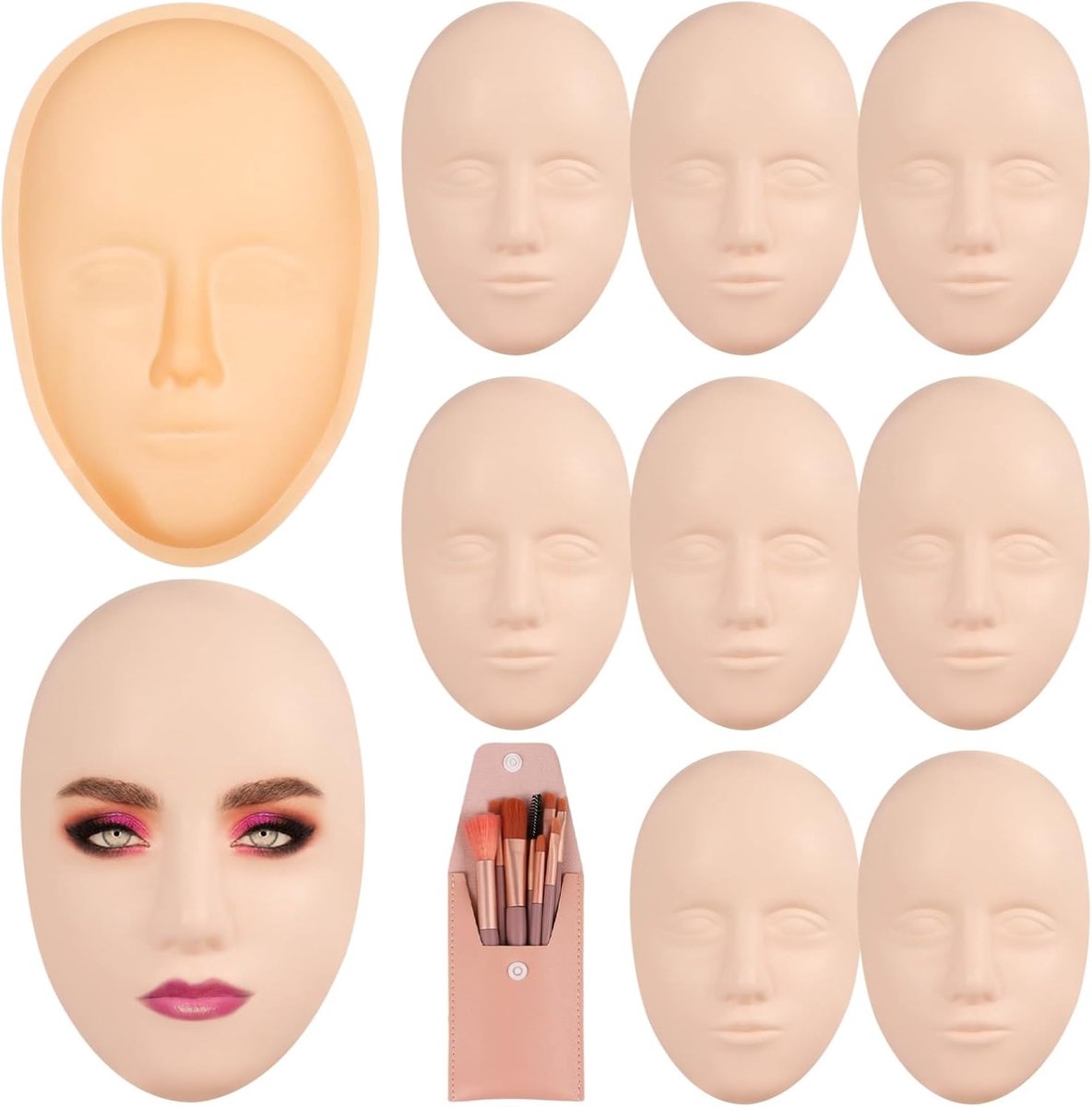 Makeup oefen gezicht set - 8 stuks siliconen mannequin gezichten - inclusief oefenbord en 8 make-up borstels - ShopVlot