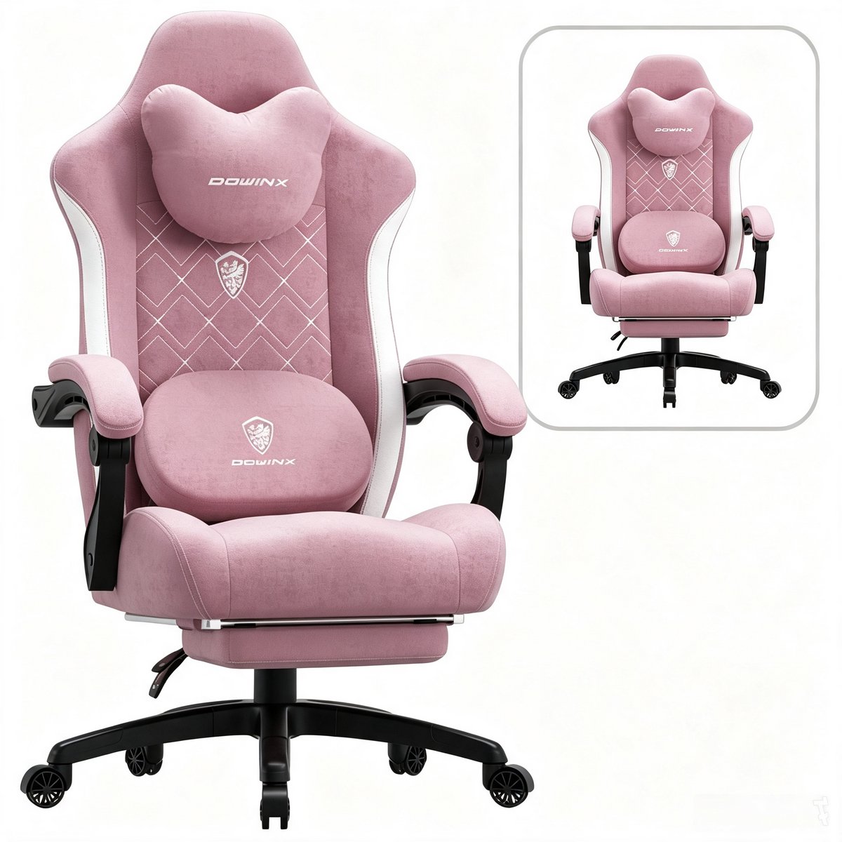 Dowinx Ergonomische - Bureaustoel & Gamingstoel – Breed model – Verwarmde massage lendensteun – Pocketveren zitkussen, armleuningen en uitschuifbare voetsteun – 150 kg draagvermogen – Roze