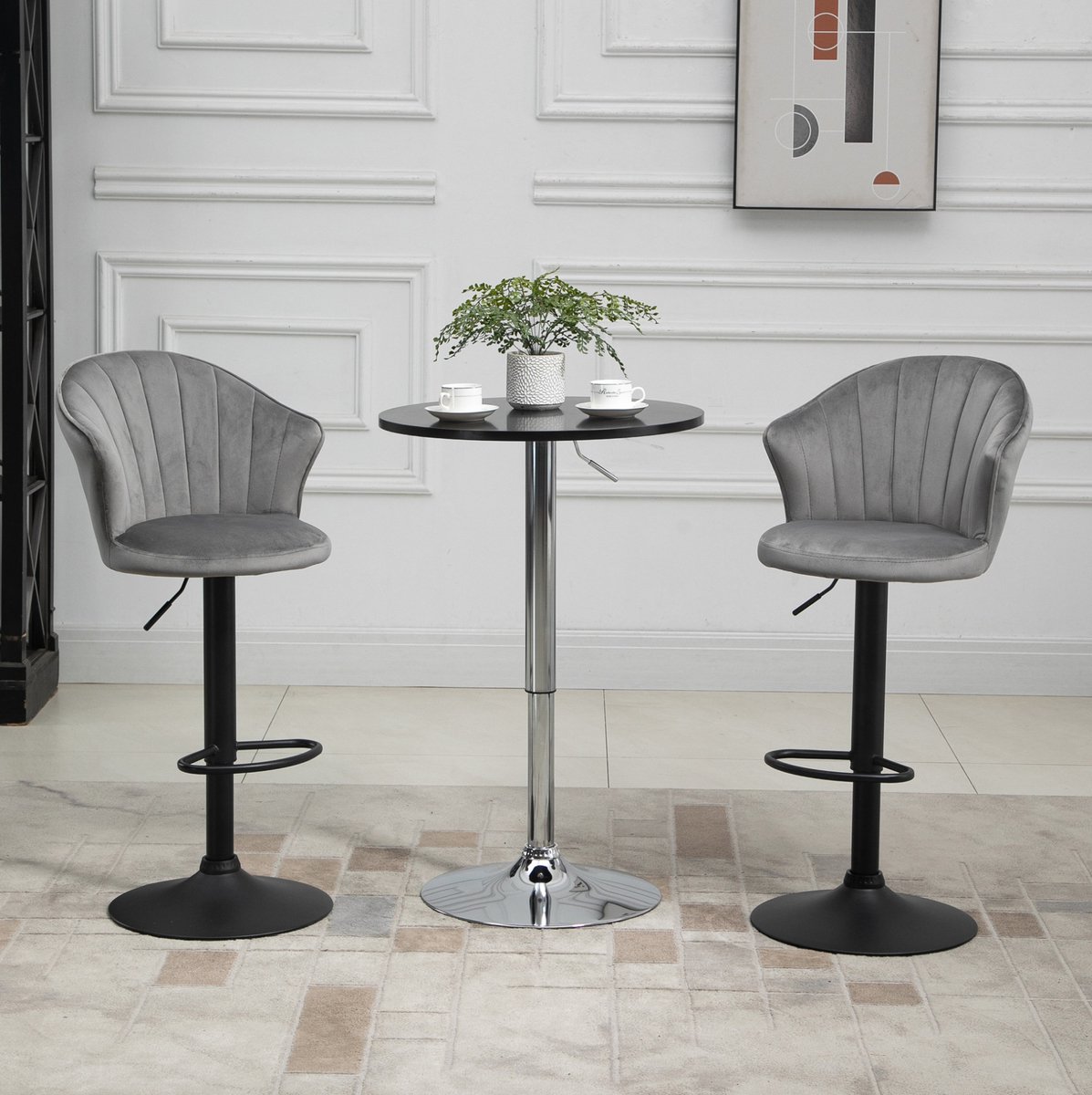 COVREO Barkruk 54x56x111 cm grijs, velvet set van 2, met rugleuning