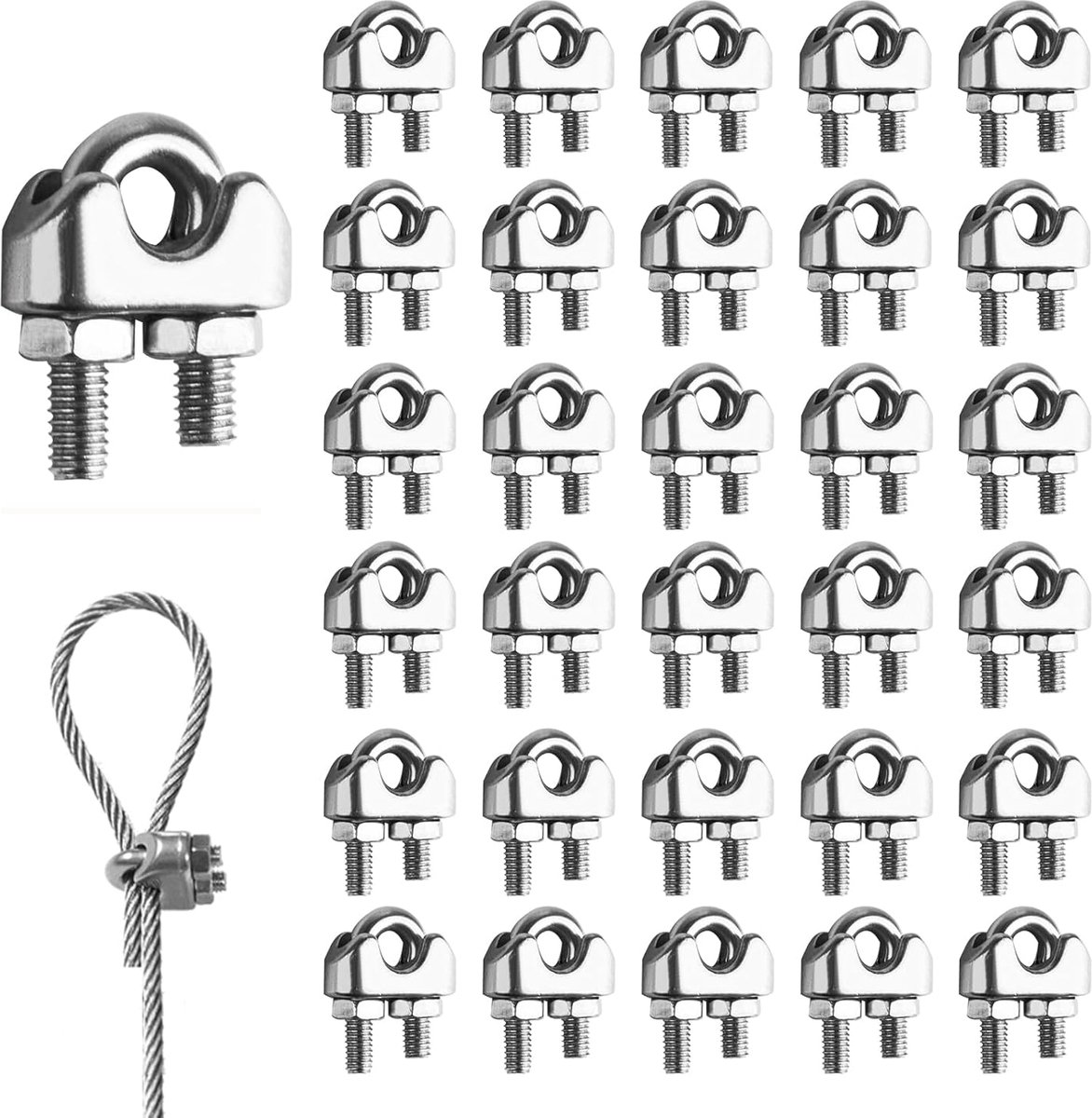 SnelShoppen - 30pcs M3 U-beugelklemmen, 3 mm RVS Staalkabel Klemmen, Robuuste Bevestiging voor Staaldraad en Kabel, Duurzaam en Weerbestendig, Ideaal