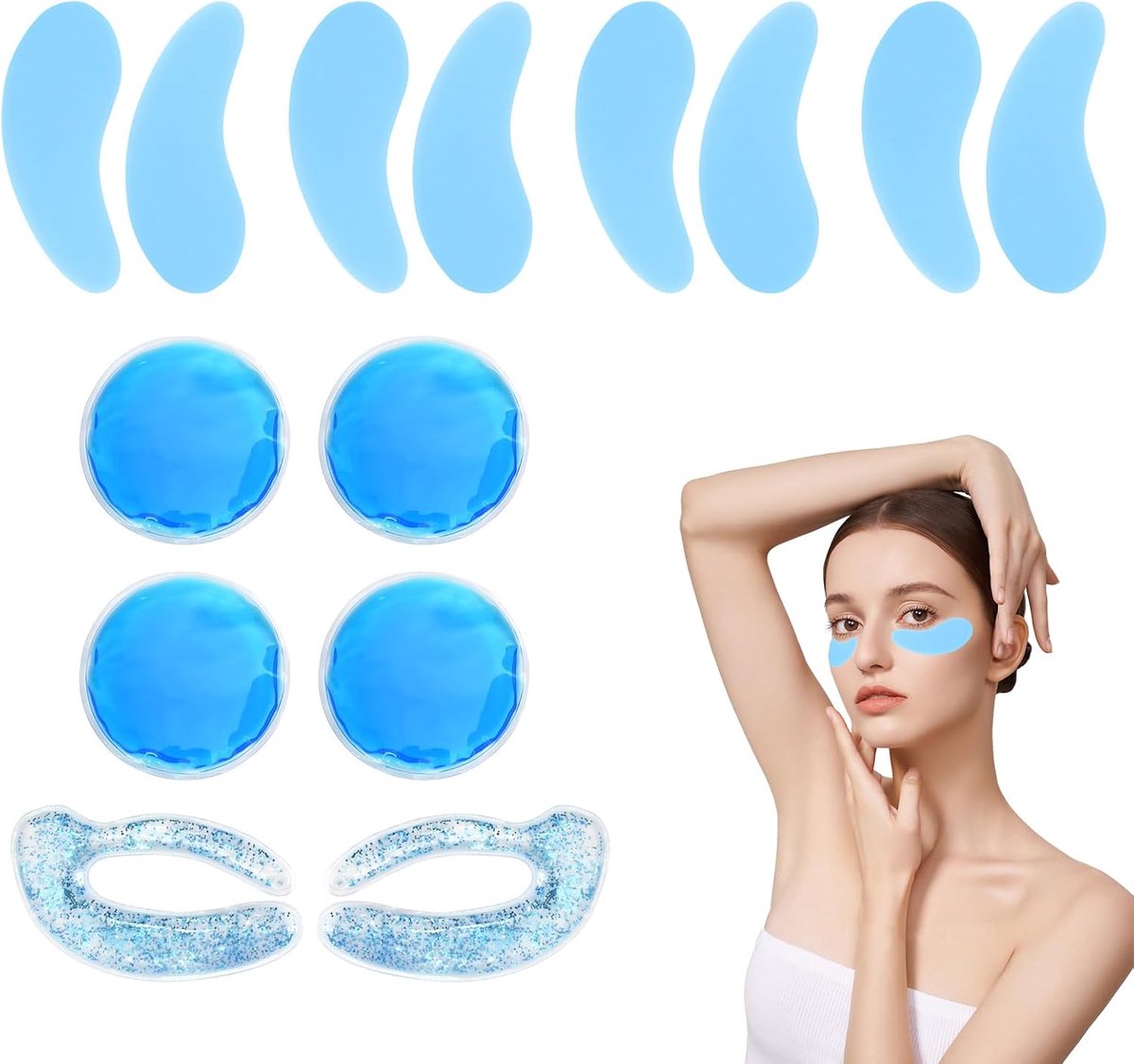 SnelShoppen - 14 Delen Onder Oog Masker Set, Herbruikbare Gel Patches, Koelende Oogmaskers, Silicone Oogbeschermers, Reistassen voor Huidverzorging, B