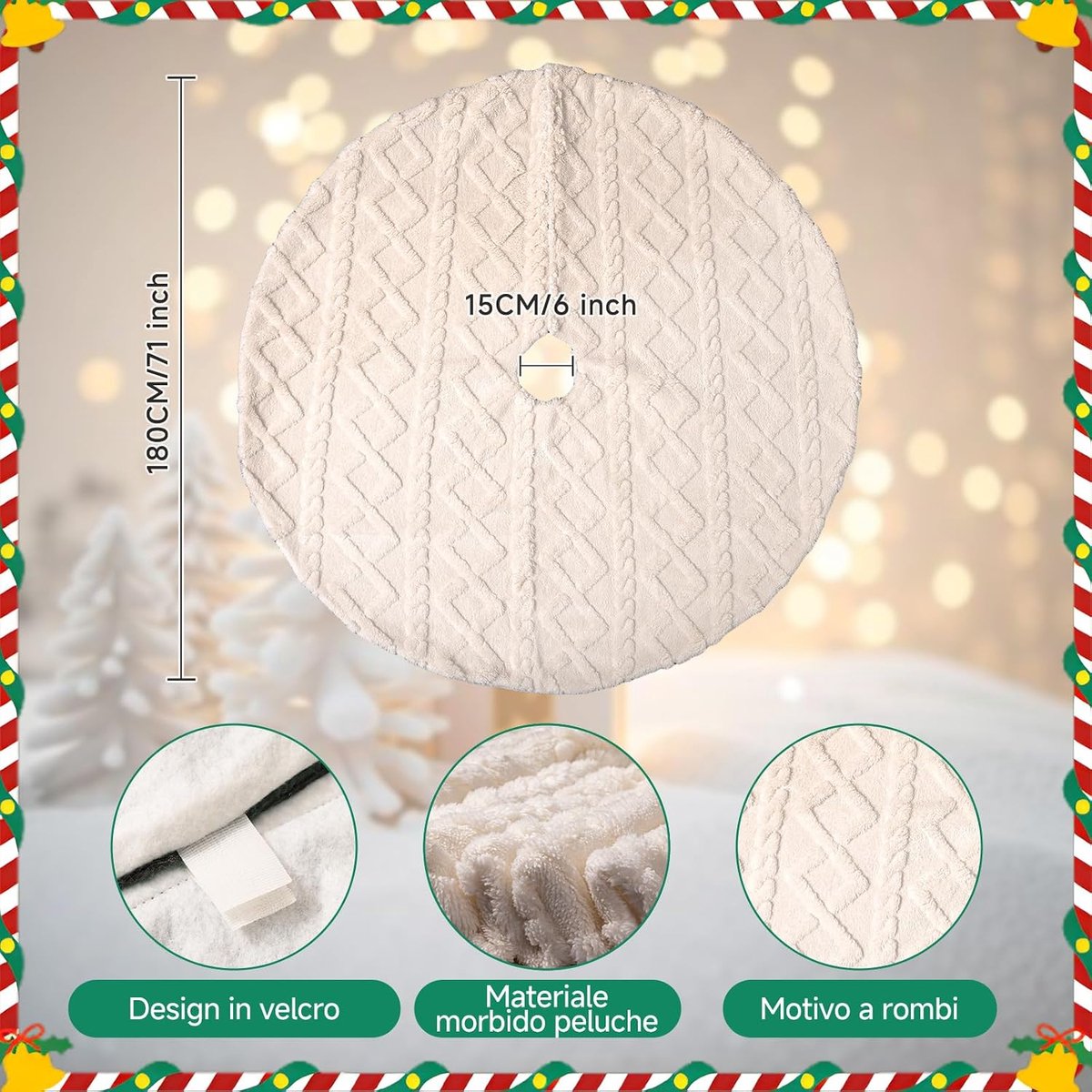 SnelShoppen - Luxe Kerstboomrok 180 cm - Extra Grote Ronde Vloerkleed van Faux Leer - Beige - Perfect voor Kerstdecoratie Binnen - Katoenachtig, Duurz