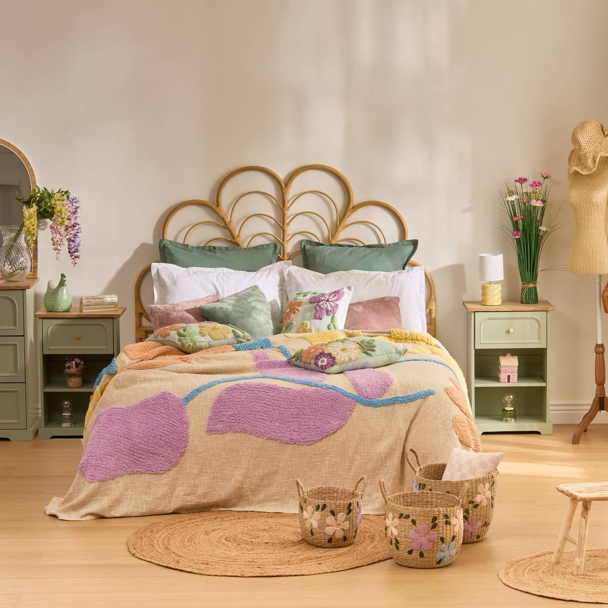 Katoenen bedsprei met getuft bloemmotief