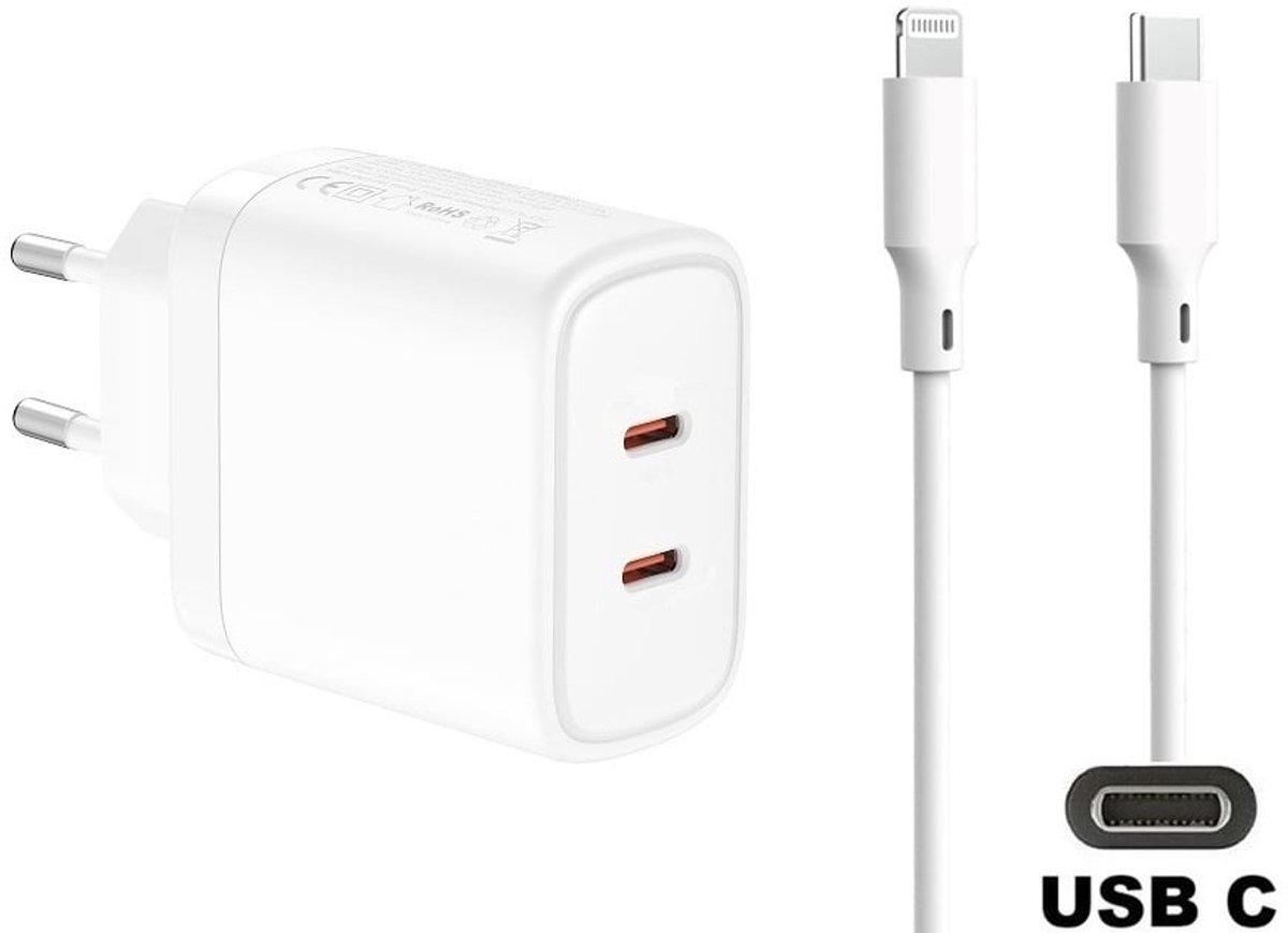 OneOne 50W super snellader met 3 poorten en screenprotector van glas voor iPhone 12. Oplader met sterke 1,5m USB C naar Lightning kabel. PPS GaN PD lader adapter. Glazen screenprotector past op Apple iPhone 12