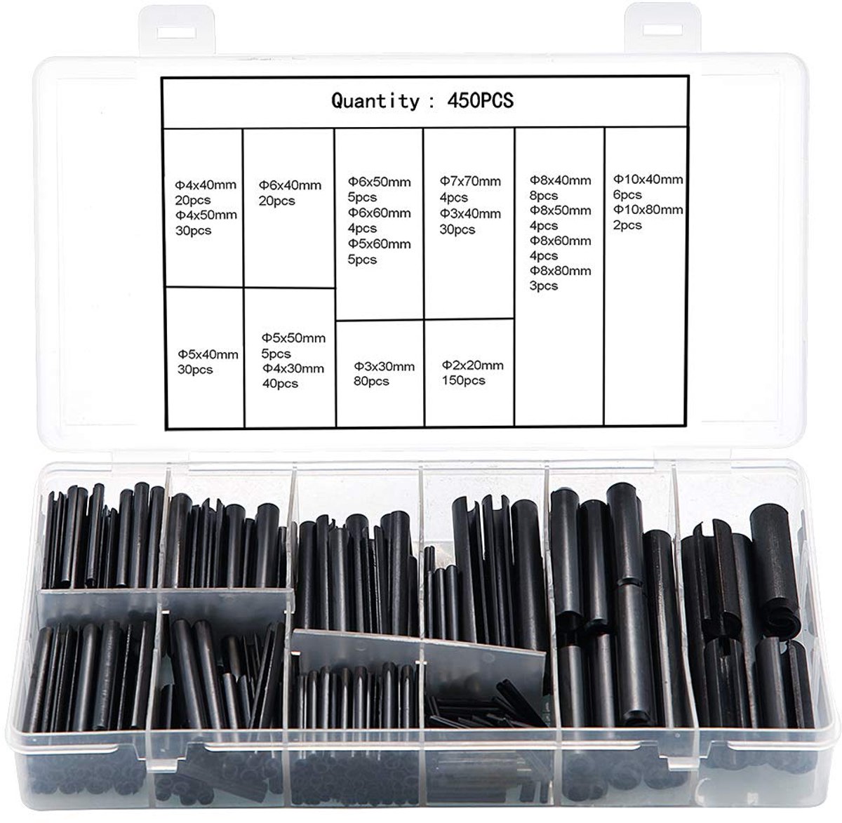 SnelShoppen - Slotted Spring Pin Roll Pins Assortiment Set Stalen Split Spring Plug Tension Rollers Metaal Hardware Kit 450 Stuks Gevarieerde Maten Zw