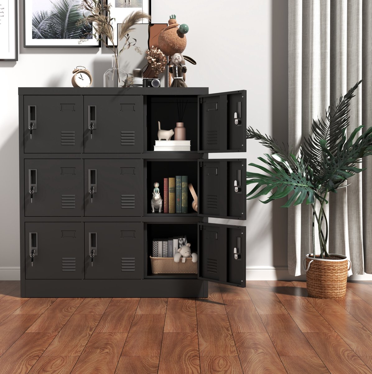 COVREO Opbergkast 90x40x100 cm zwart, metaal 9 deuren met slot