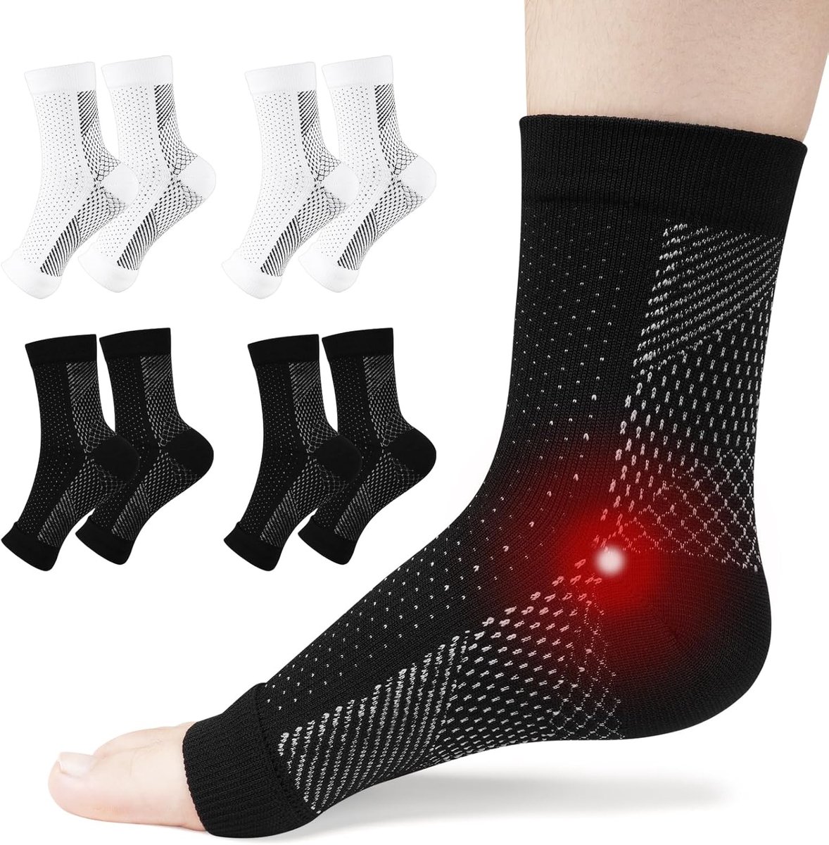 Sokken, 4 Paar Neuropathie Sokken Enkel Compressiesokken voor Dames Heren, Ademende Antislip Enkelbrace Brede Kuit Compressiesokken voor Pijnbestrijding, Vliegen, Hardlopen (L/XL (2 wit en zwart + 2 zwart en wit))