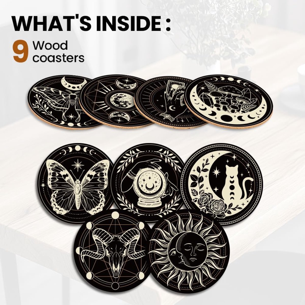 9 Stuks Onderzetters voor Glazen, Magische Maanfasen Onderzetters, Houten Onderzetters in Kleur, Zomer Onderzetters voor Thuis, Bar, Kantoor