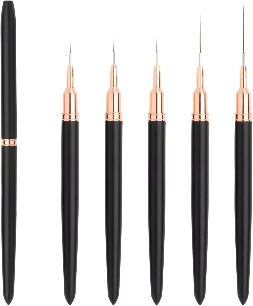 5/8/12/20/25mm Nail Art Pen Penselen Liner Brush Set voor Gellak Gel Polish met Deksel Dop Professional 5 STKS, Thin Dun Pennen Kit with Lid Fijne Borstel Tools Rose Zwarte