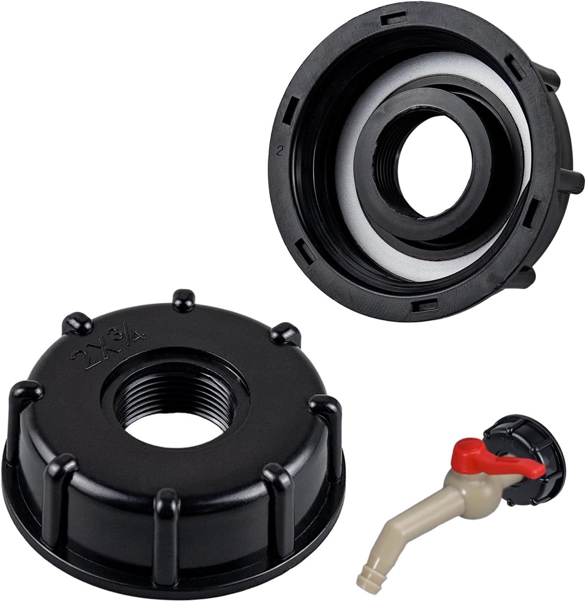 2-pack zwartIBC Adapter Accessoire Set - Adapterkap, S60x6 3/4" Binnendraad, Tapkap, afstandhouder, Verlengstuk & meer - voor IBC containers, fijne en grove schroefdraad slangen 1000L watertank.