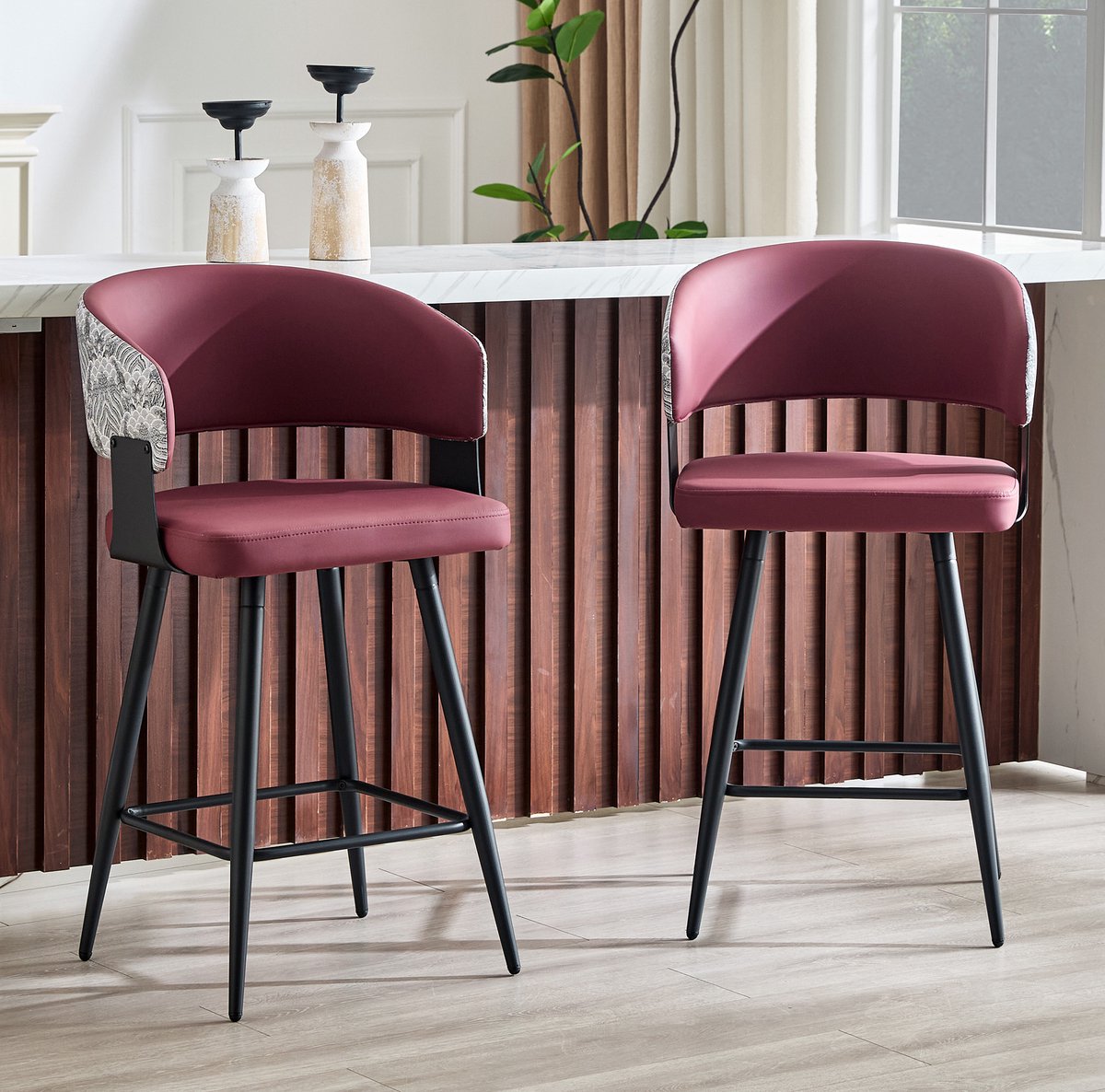 MIVRAY Eetkamerstoel 94,5 Cm - Moderne Kuipstoel Met Armleuningen En Kunstleer - Voor Eetkamer Keuken En Horeca - Metaal - Bordeauxrood